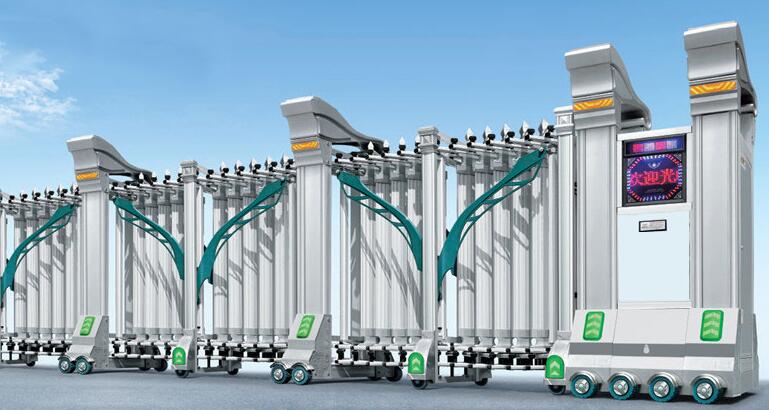 三門(mén)峽出安智能伸縮門(mén)安裝在漢飛世界城大門(mén)口